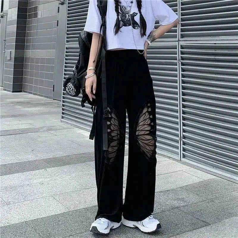 Black Butterfly Embroidery Pattern Loose Pants