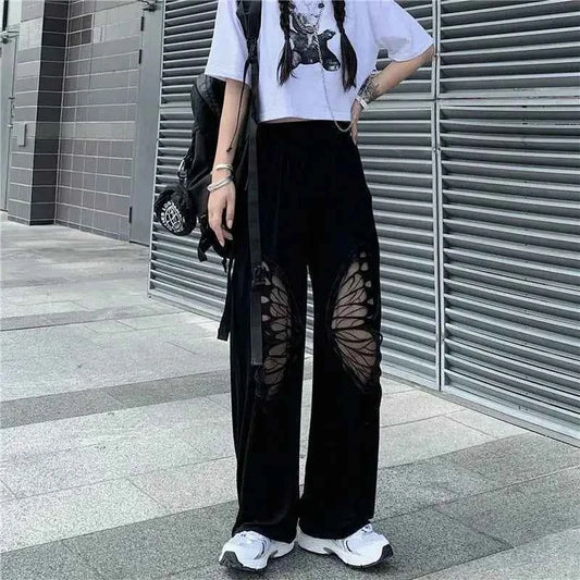 Black Butterfly Embroidery Pattern Loose Pants