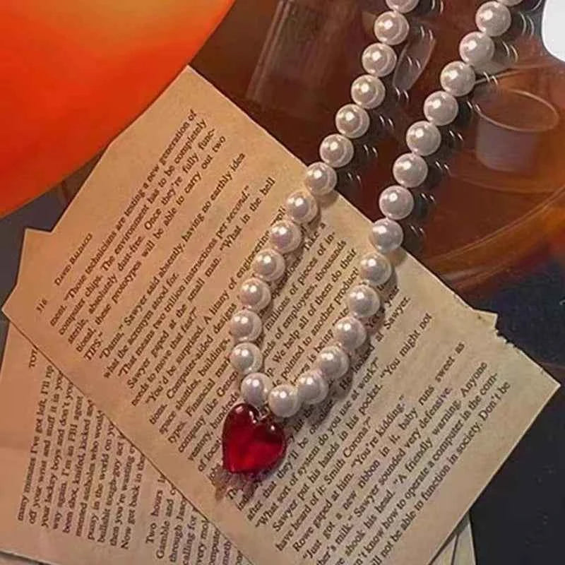Bold Red Heart Pearl Choker Necklace