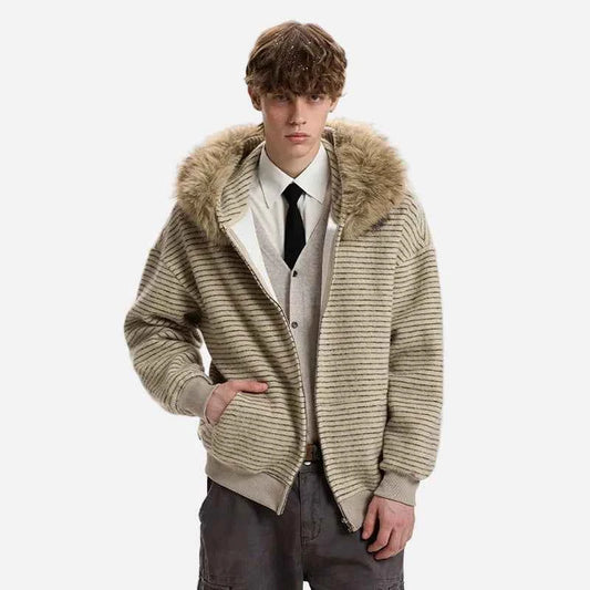 Streetwear Striped Fur Hooded Knit Cardigan