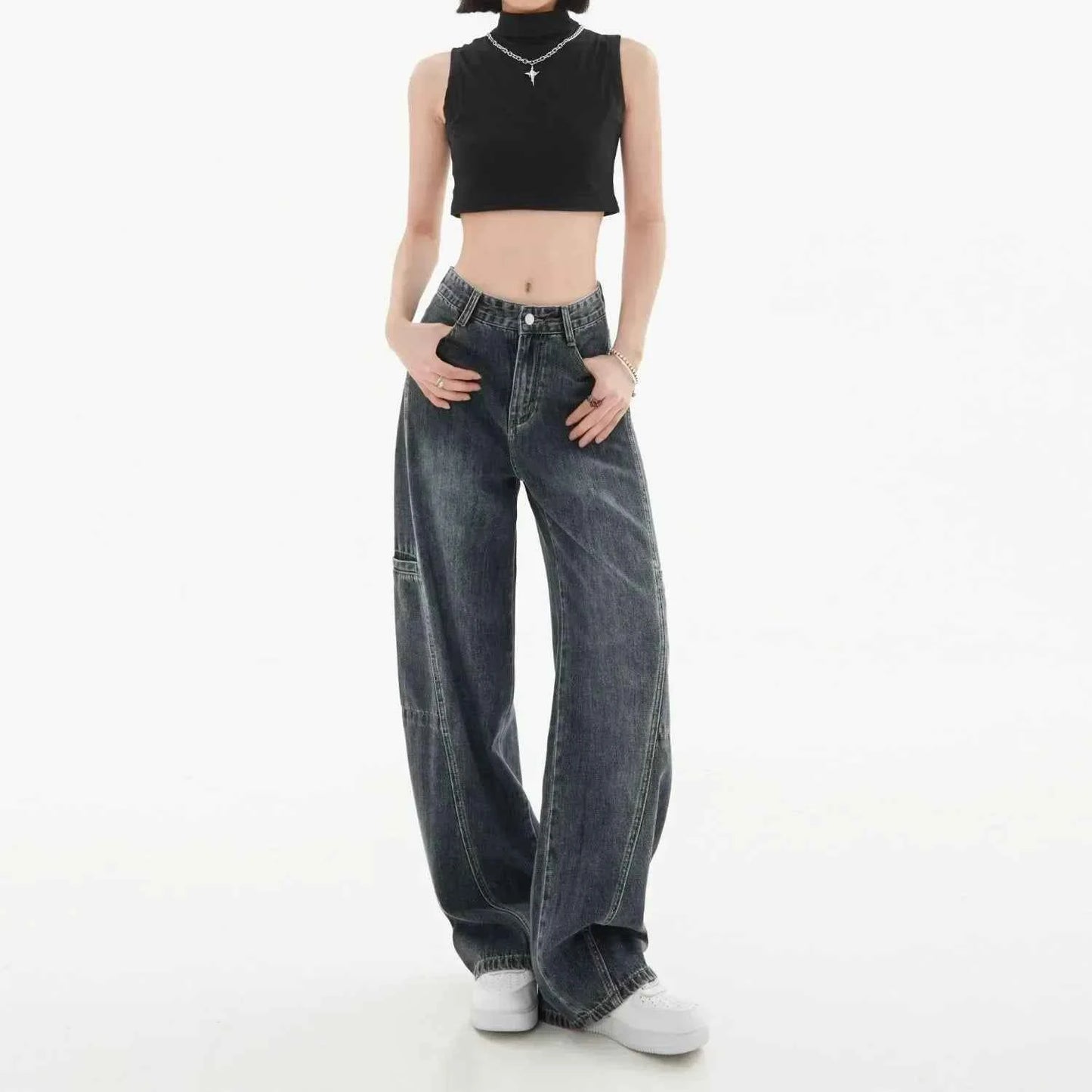 Women Vintage Washed Cargo Wide Leg Jeans