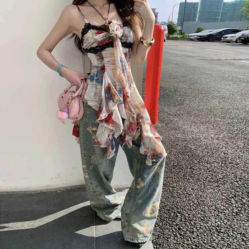 Women Chic Retro Floral Print Wide Leg Jeans