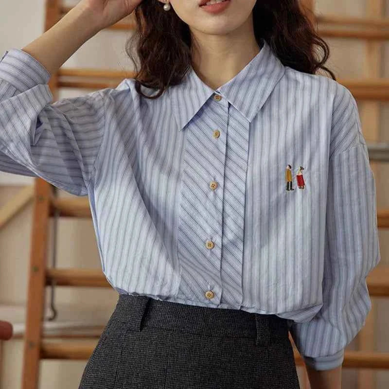 Women Classic Chic Vintage Striped Embroidered Shirt