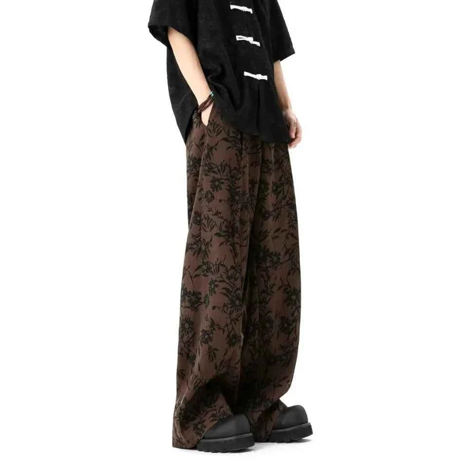 Retro Japanese Style Printed Wide Leg Pants