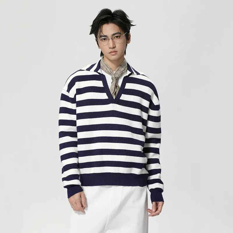 Contrast Color Loose Fit V-Neck Knitted Sweater