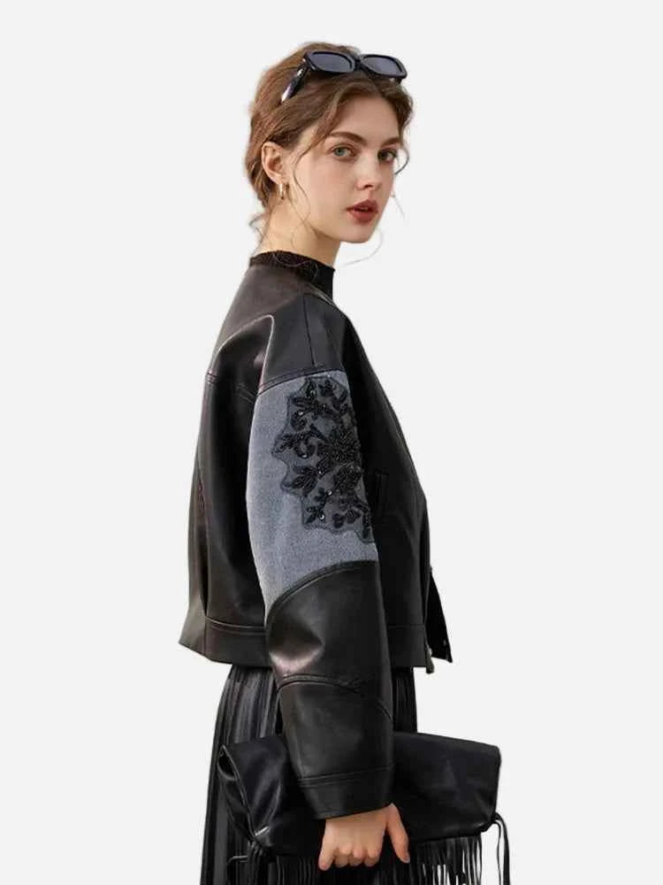Classic Loose Black Patchwork PU Leather Jacket