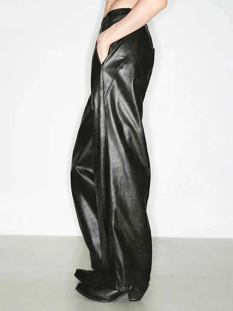 Luxury Cool Black Long Loose PU Leather Pants