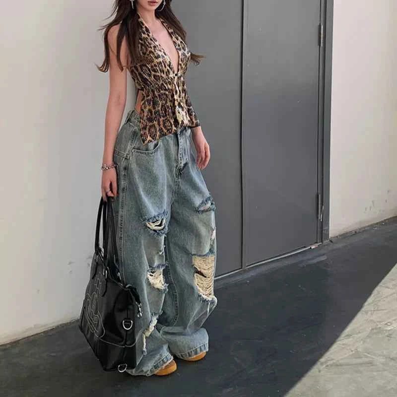Adaptive Stretch Loose Ripped High Waisted Jeans