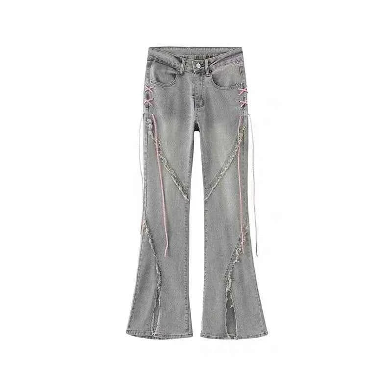 Women Retro Lace Up High Waist Straight Denim Jeans