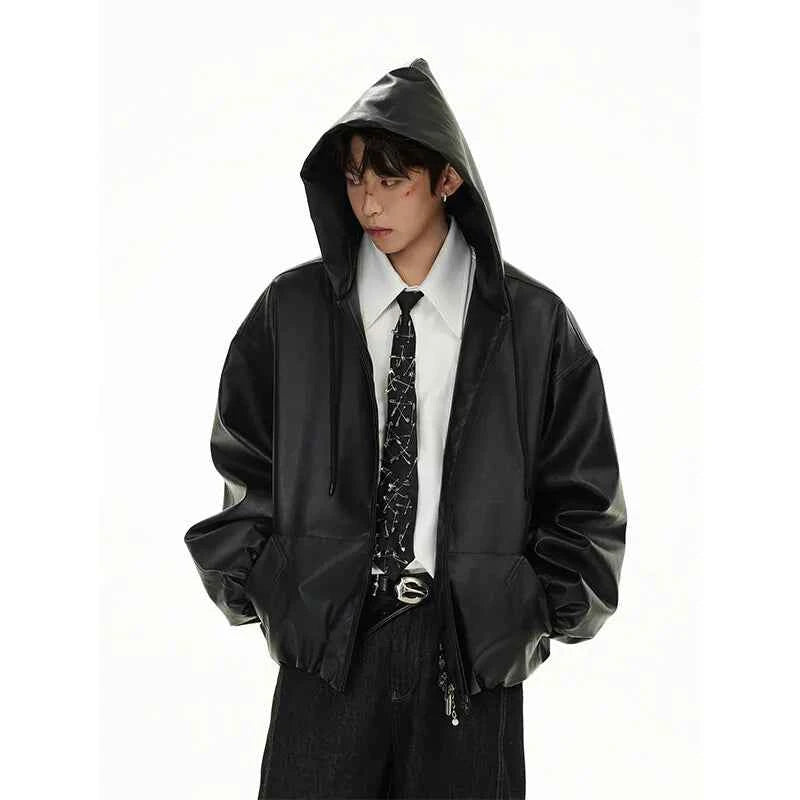 Classic Vintage Bomber Hooded PU Leather Jacket