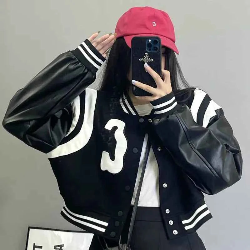 Punk Style Black White Leather Varsity Jacket