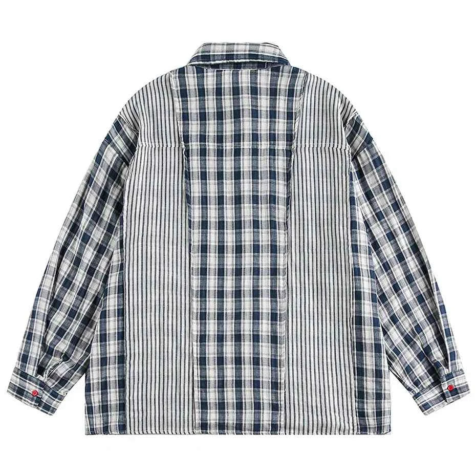 Effortless Retro Patchwork Plaid Long Sleeve Shirt