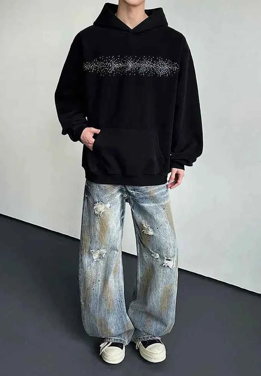Chic Black Rhinestone Heat Melting Hoodie