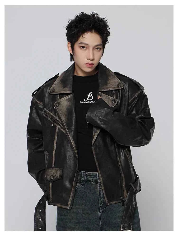Streetwear Retro Distressed Black Leather Jacket