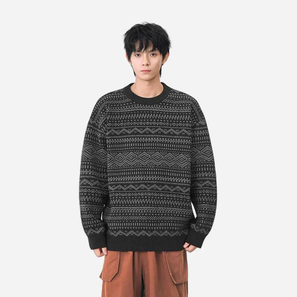 Y2K Plush Ethnic Knit Crew Neck Sweater