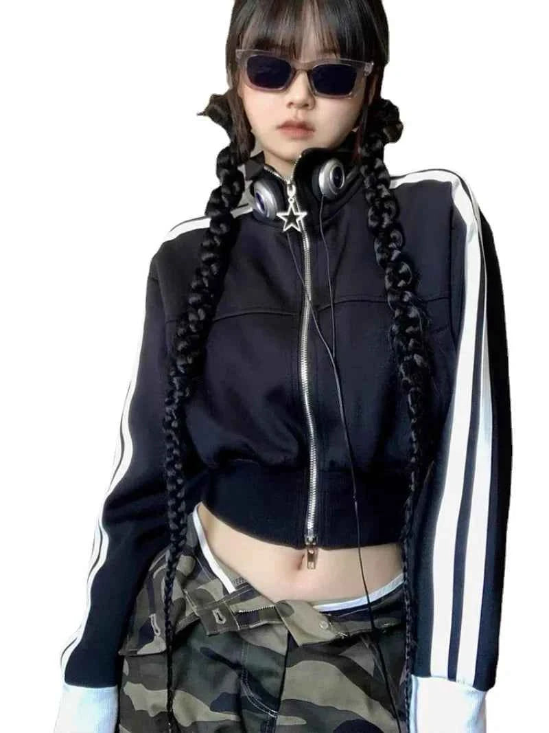 Vintage Korean Style Striped Zip-Up Crop Sweatshirt