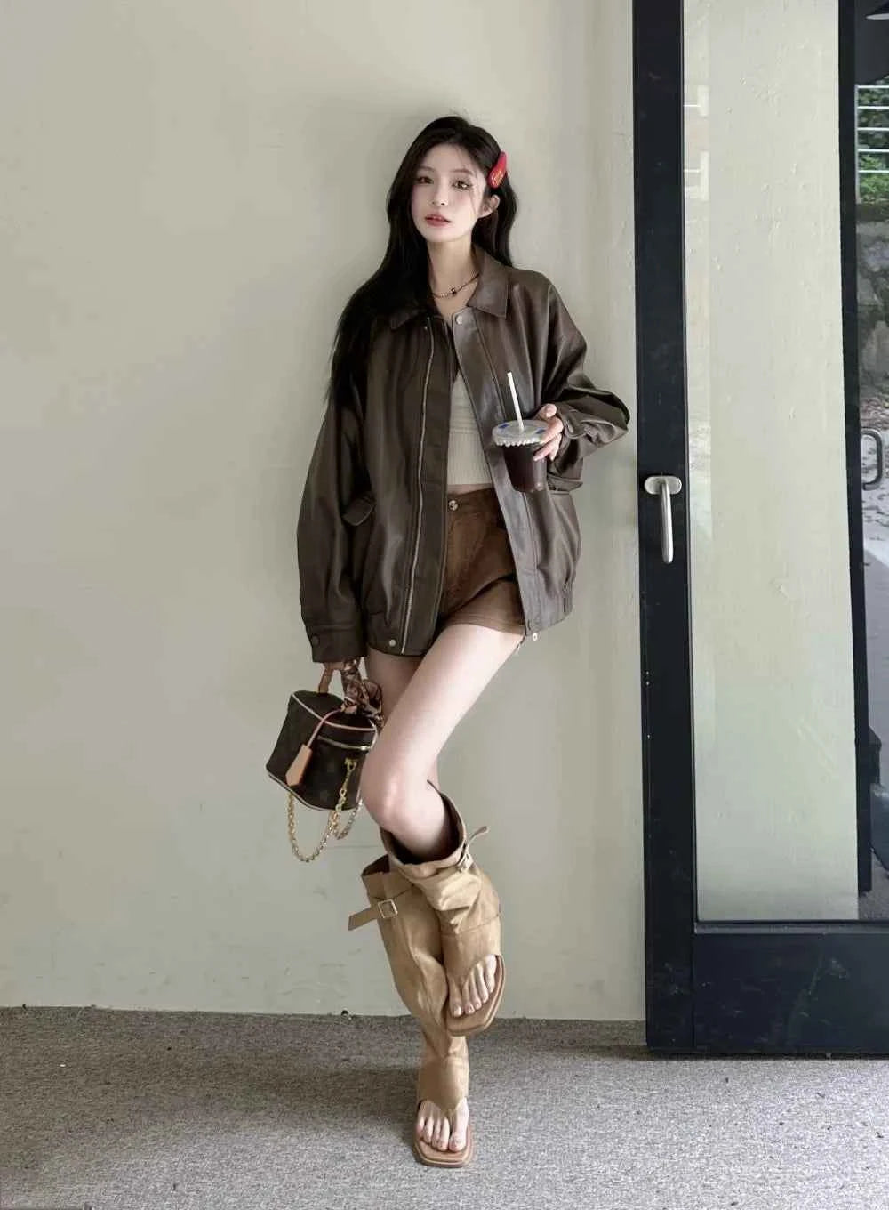Women Retro Moto Bike Casual Style Leather Jacket