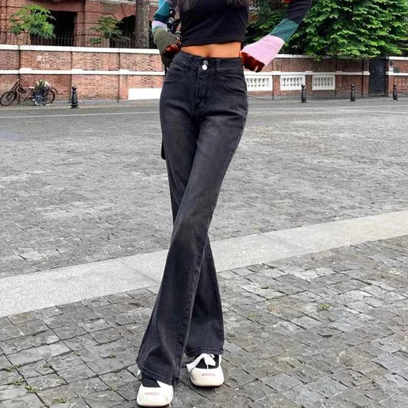 Durable Streetwear High Waist Elastic Flare Jeans
