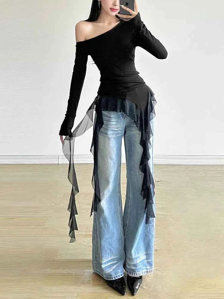 Sweet Gentle Ruffles Tassel Off T-Shirt
