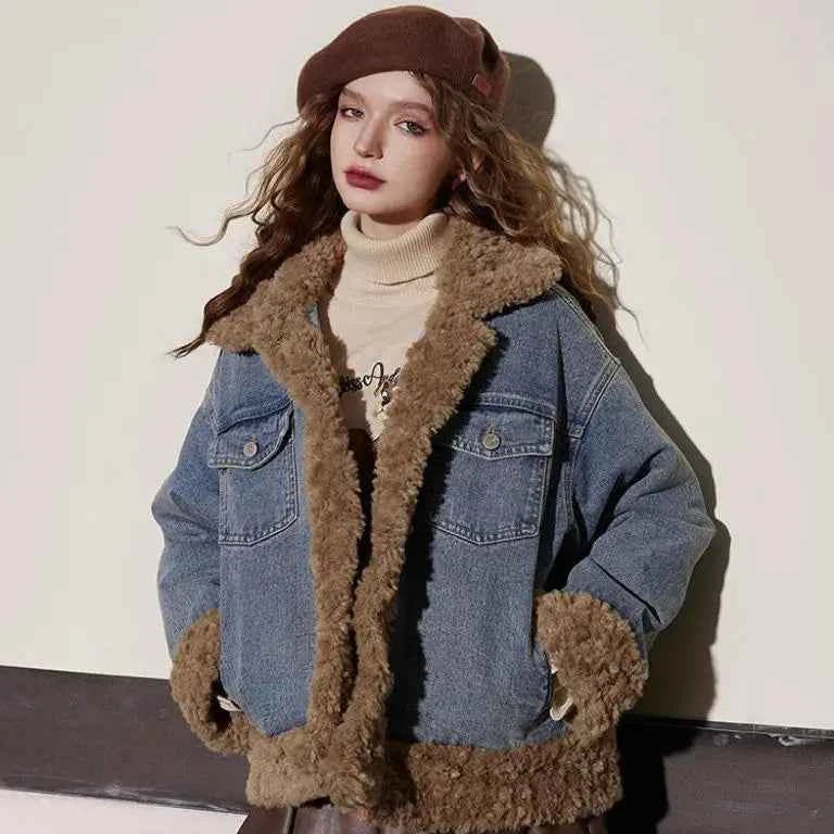 Women Stylish Warm Fleece Cowboy Denim Jacket