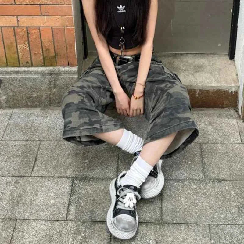 Streetwear Vintage camouflage denim high cargo Jorts