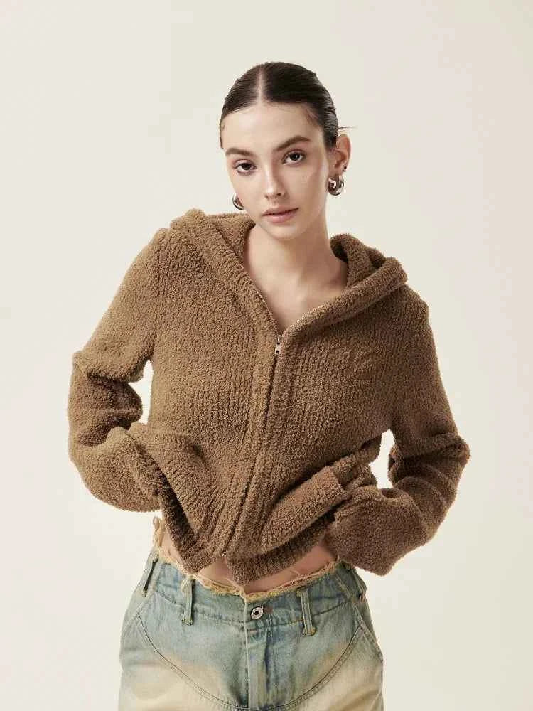 Cozy Vintage Brown Plush Hooded Puffer Sweatshirt