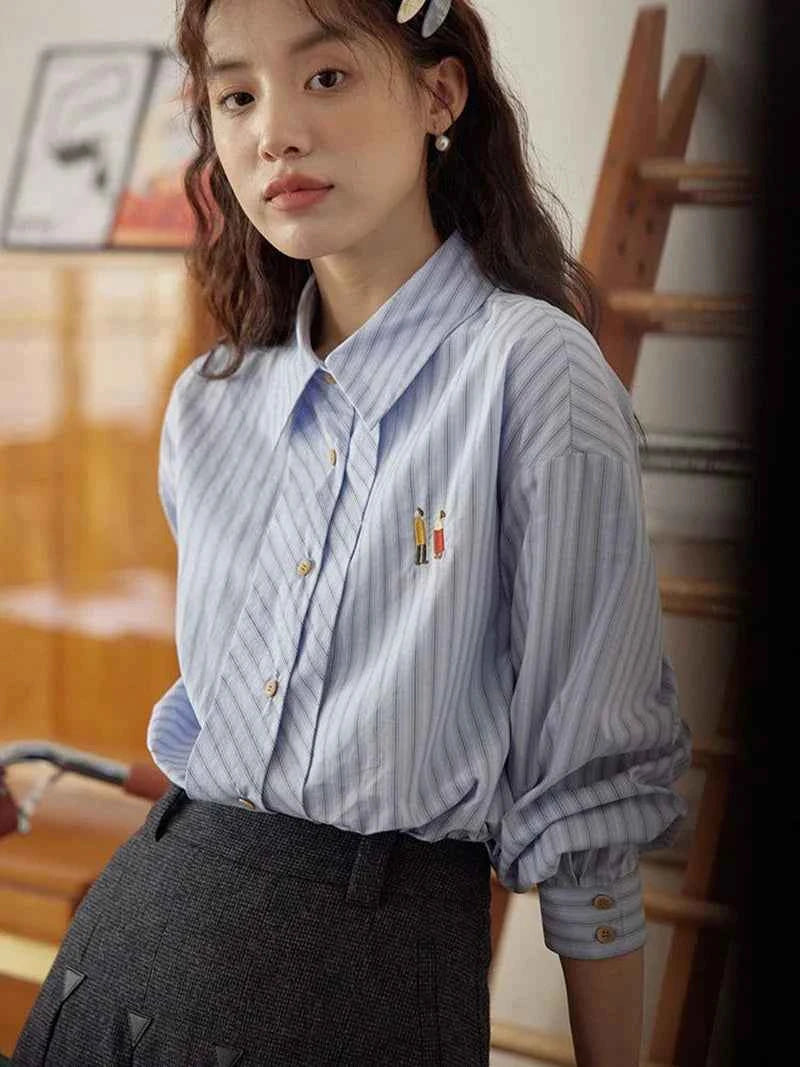 Women Classic Chic Vintage Striped Embroidered Shirt