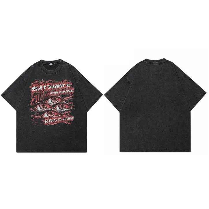 Y2K Streetwear Washed Black Graphic Eyes T-Shirt