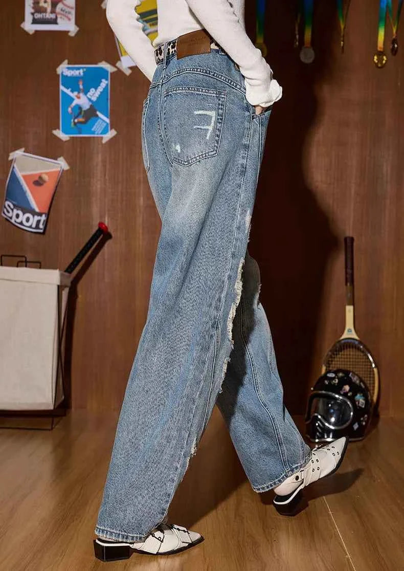 Durable Distressed High Waist Wide Leg Jeans