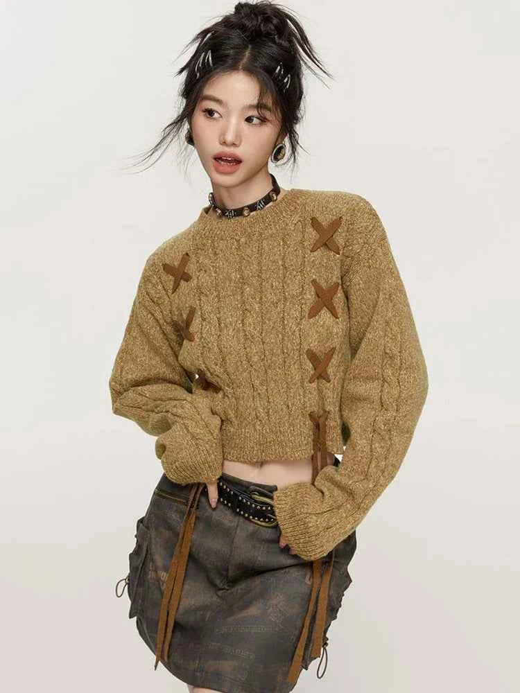 Women Vintage Hip Hop Retro Knitted Lace-Up Sweater