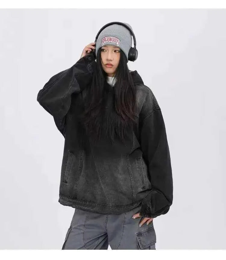 Streetwear American Style Retro Long Sleeve Denim Hoodie