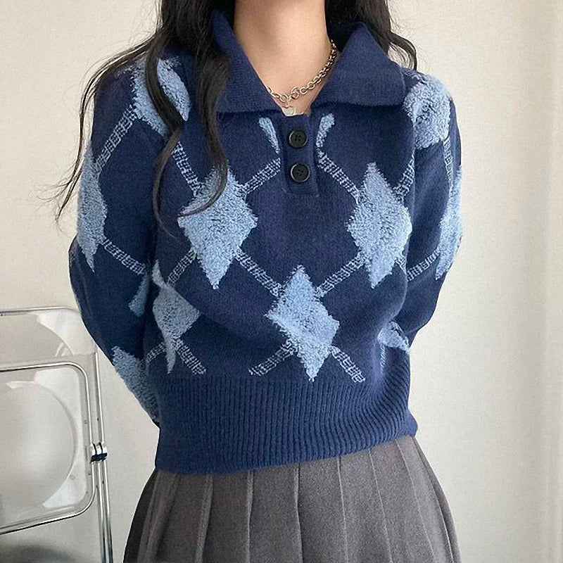 Vintage Turn-Down Collar Ulzzang Sweater - Retro Aesthetic Knitted Polo Pullover