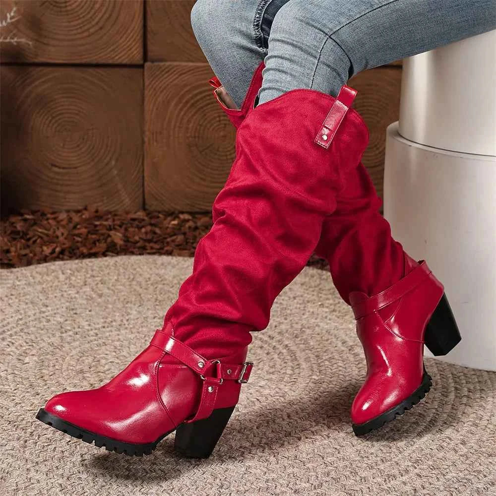 Vintage Buckle Belt Knee High Boots