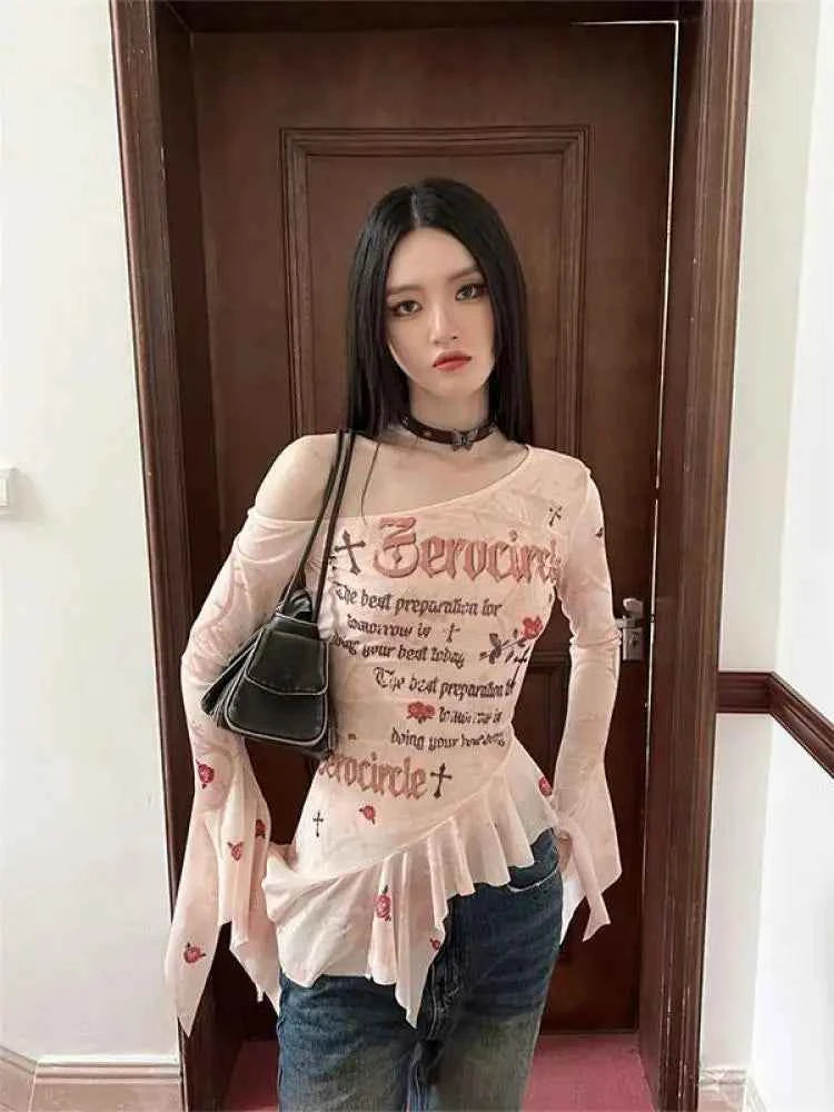 Flare Sleeve Mesh Off Shoulder T-Shirt