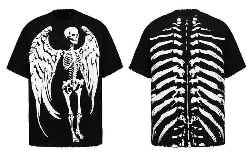 Gothic Angel Skull Skeleton Graphic Printed T-Shirt