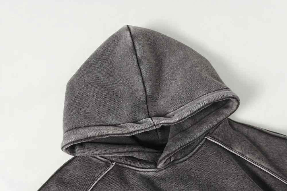 Washed Distressed Front Pocket Spliced Hoodie