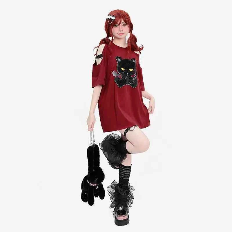 Red Punk Minimal Graphic American Style T-Shirt