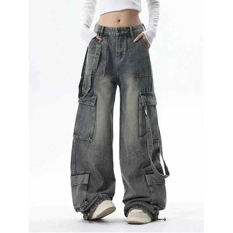 Women Gray High Waist Wide Leg Blue Baggy Jeans