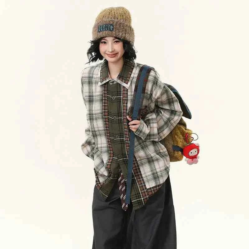Checkered Patchwork Long Sleeve Shirt