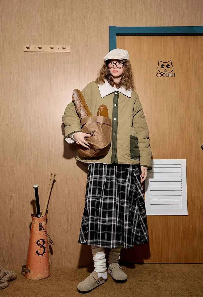 Colorblock Gourd Pattern Faux Fur Parka Jacket