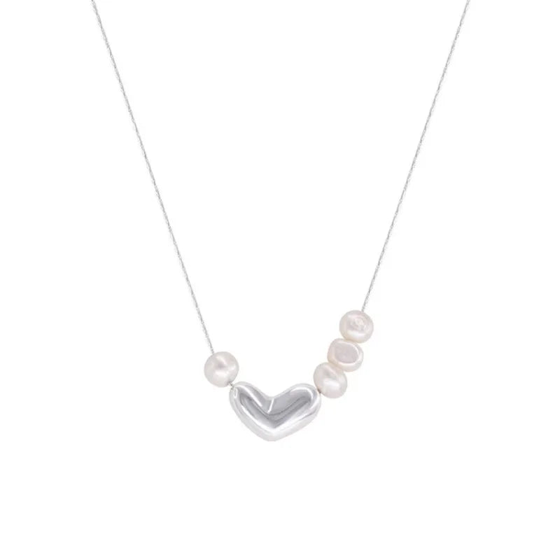 Women Cool Chic Silver Heart Pearl Necklace - Luxuryurbanwear