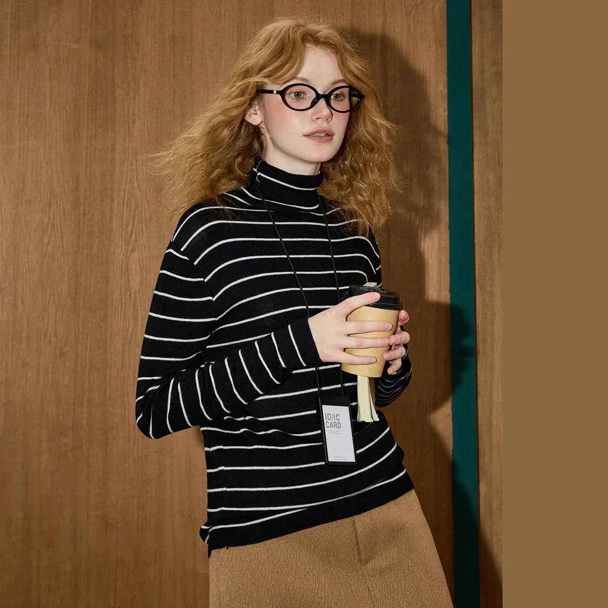 Vintage Stripe Knit High Neck Long Sleeve T-Shirt