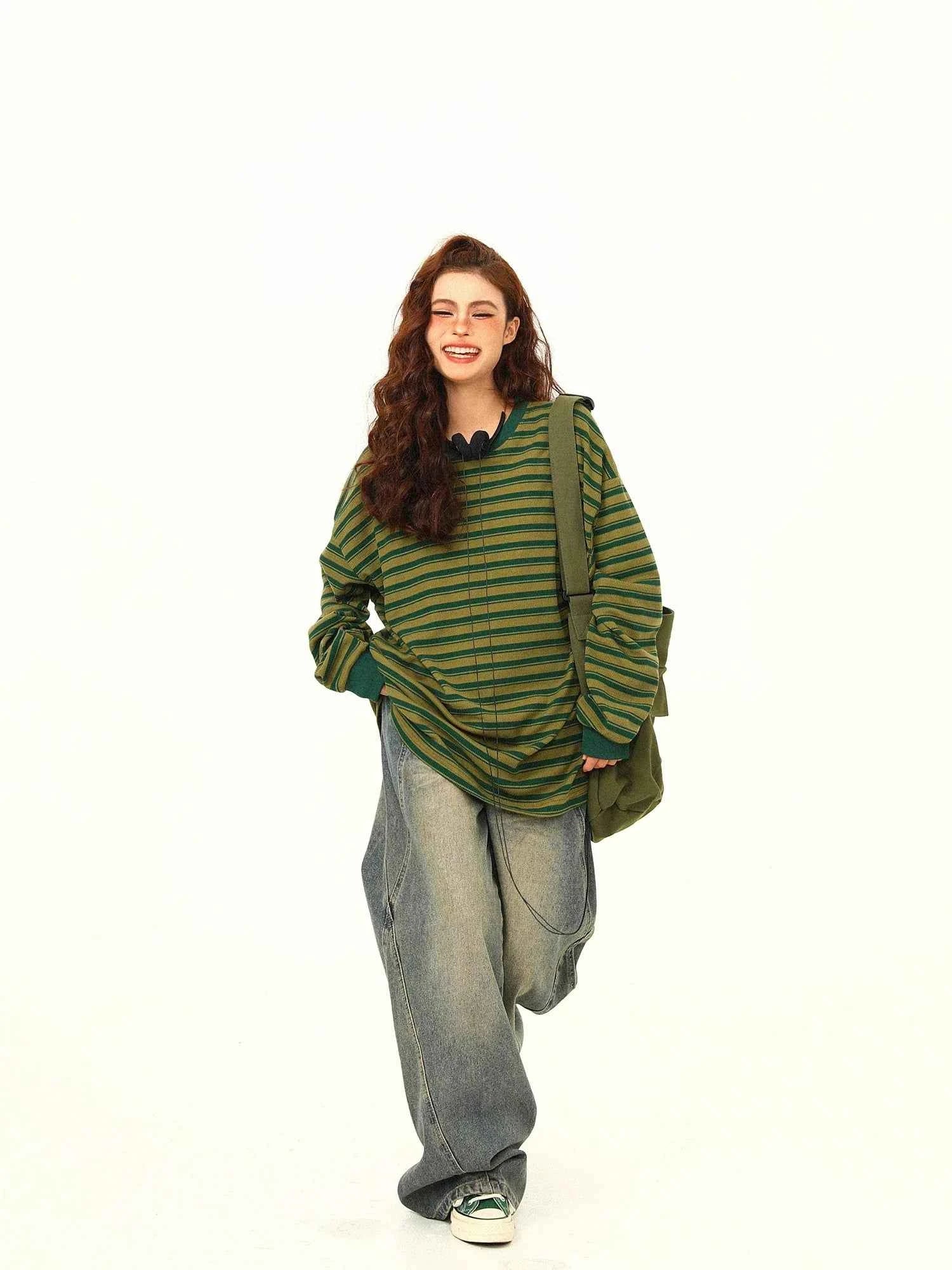 Green Stripe Loose Casual Sweatshirt