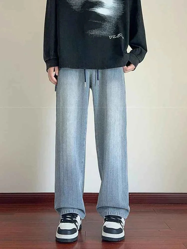 Vintage Distressed Blue Drawstring Straight Jeans