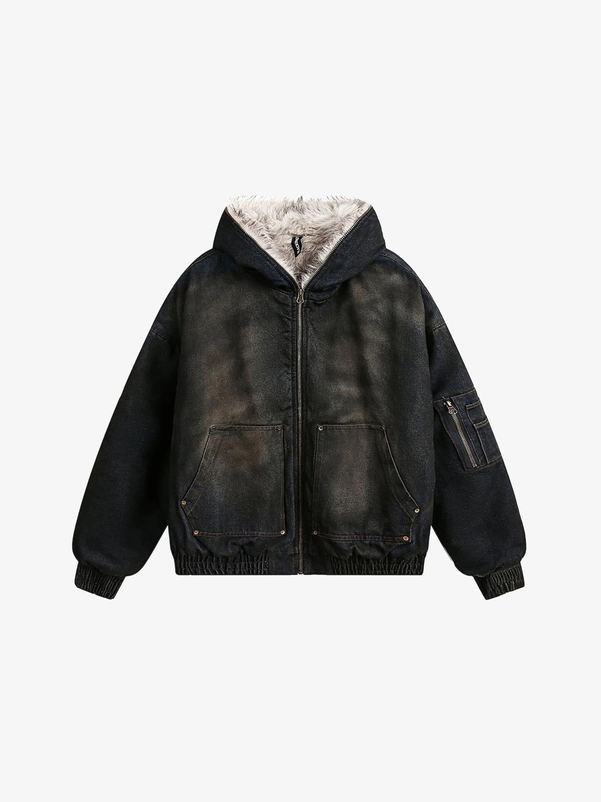 Coal Black Washed Fur Hooded Jacket