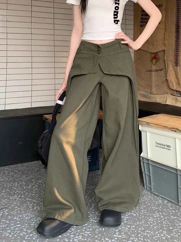 Vintage Army Green Patchwork Baggy Jeans