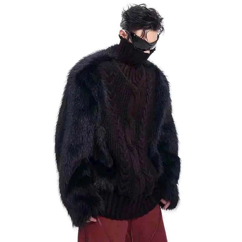 Luxurious Imitation Fur Patchwork High Neck Sweater
