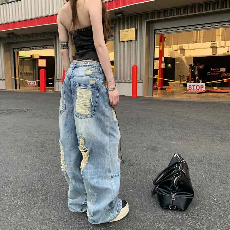 Breathable Comfort Vintage Ripped Wide Leg Jeans