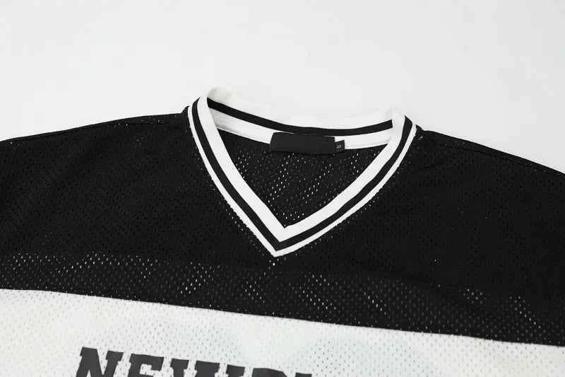 Breathable Patchwork Mesh V-Neck Collar Jersey T-Shirt