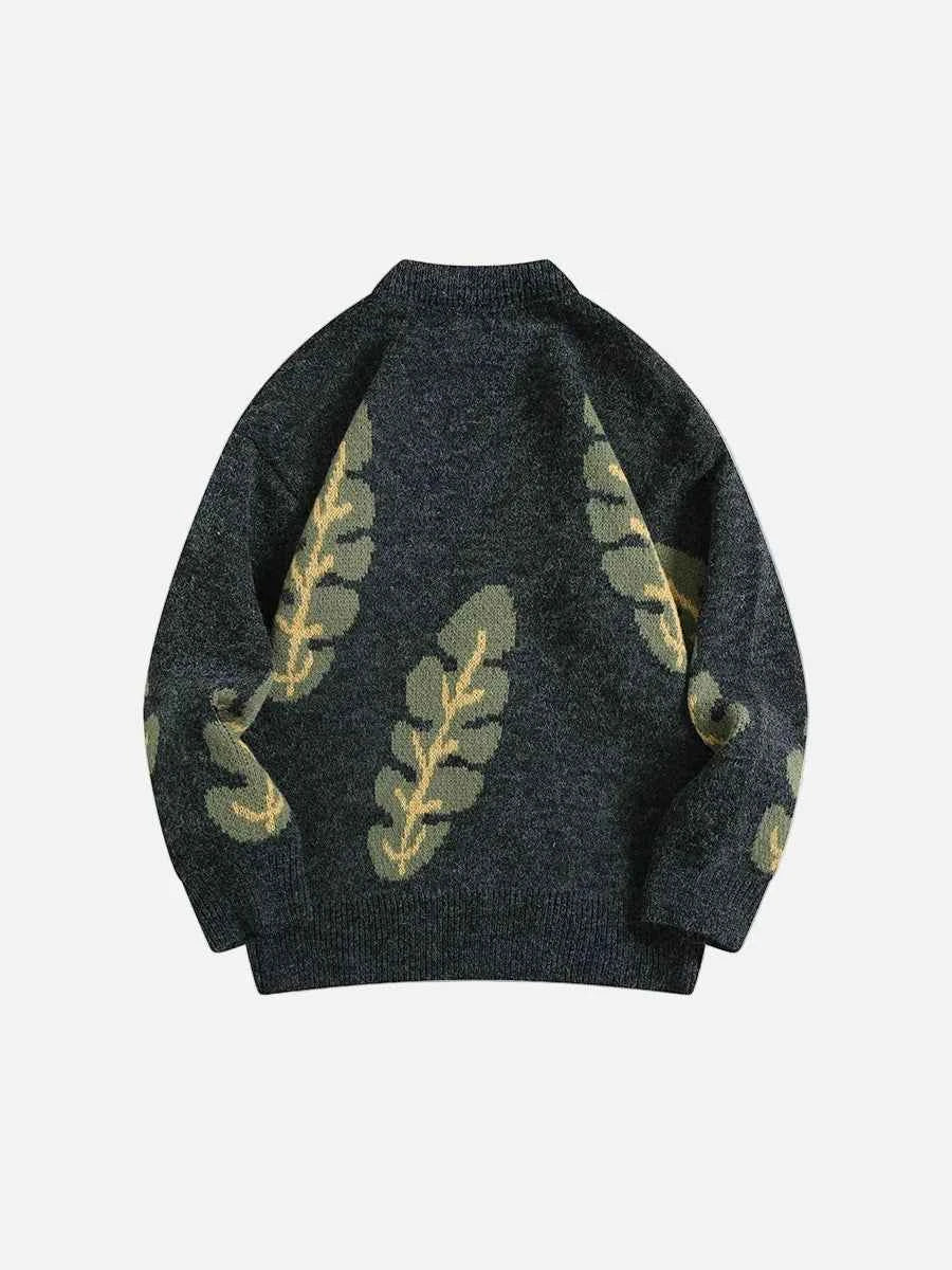 Y2K Japanese Style Leaf Jacquard O-Neck Sweater